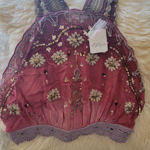 Free People Pink Ombre Rose  Sequined Embroidered Hi There Top